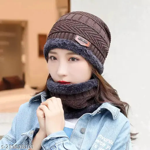 Brown cotton unisex 2-in-1 winter hat & scarf set, perfect for outdoor activities & gifting. Stretchable acrylic knit, fur net pattern, warm & fashionable