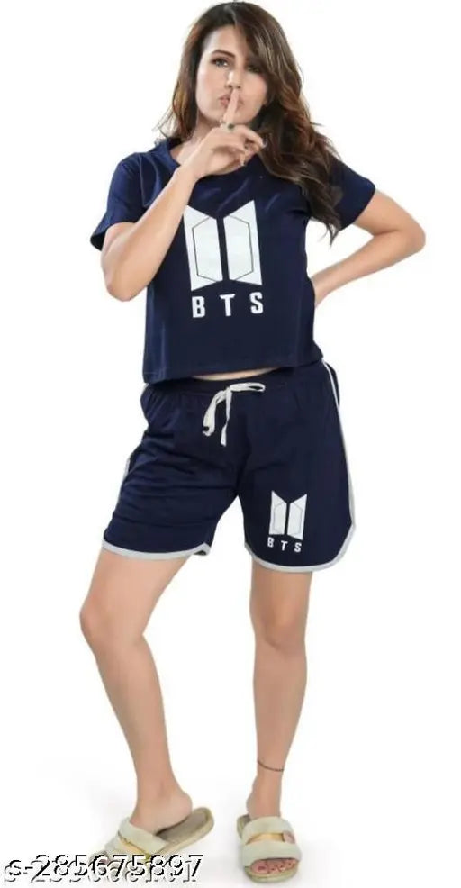 BTS printed cotton blend TopBottom for Women - Elegant, attractive, casual wear from Three Wish