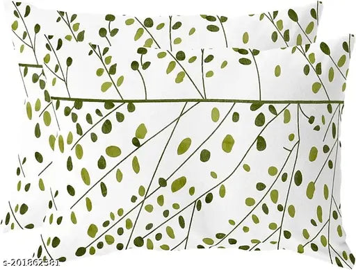 White cotton bedsheet with green leaf pattern, double bed sheet, 2 pillow covers.