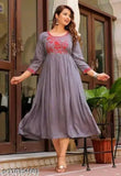 Gray long dress, churidar cut, long sleeve, round neck
