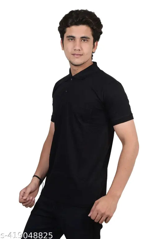 Black viscose rayon polo shirt, men's solid black cotton blend half sleeve polo with polo neck, regular fit, suitable for casual or semi-formal events