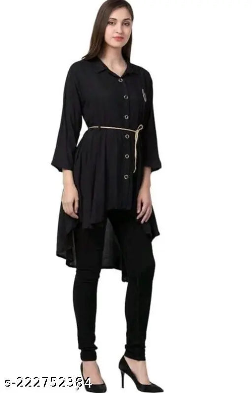 Stylish black blouse with belt detail, long sleeves, and high neck