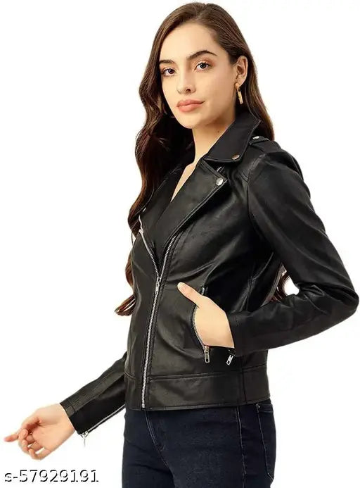 Faux leather full sleeve black jacket for women, PREEGO brand, India-made