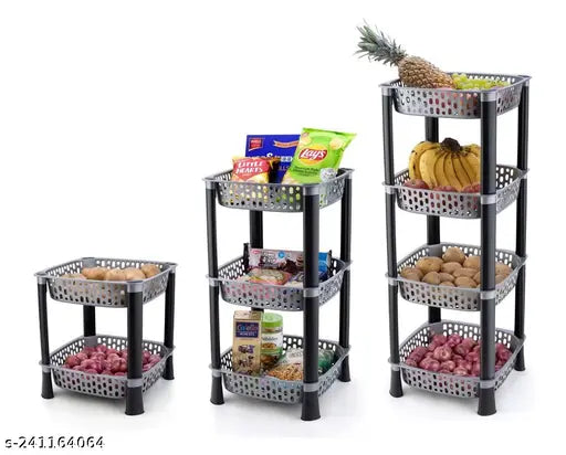 Grey 5-tier stand with square metal baskets, holding fruits, vegetables, and a basket of food