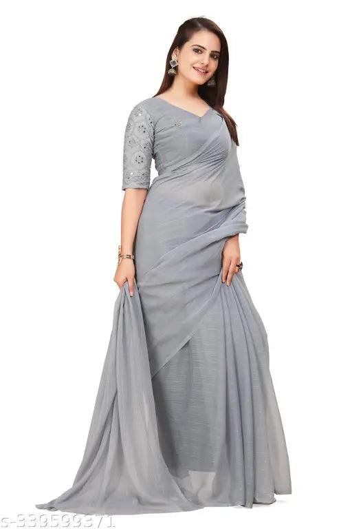 Grey Georgette striped shimmer saree with embroidered net blouse, Indian traditional wear