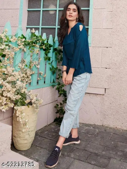 Teal blue rayon tunic top with 3/4 sleeves and V-neck, hand washable, India origin