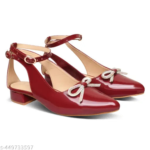 Maroon bow-trimmed pointed toe heels