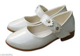 White patent leather ballerina flats for girls partywear, featuring woven design and velcro fastening. Size: 18-24 Months to 10-11 years (India)