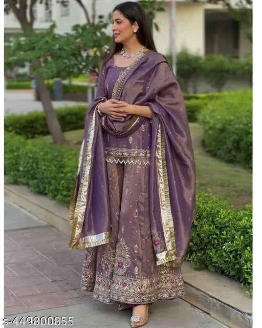Purple embroidered net suit, party wear, women's clothing, designer, budget friendly