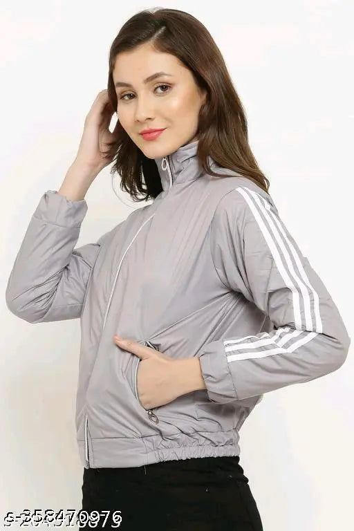Grey striped polyester women's solid Barbour jacket on hanger, long sleeves style for ladies fashion