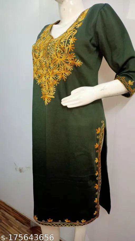 Olive green embroidered wool kameez with mustard border, long sleeves
