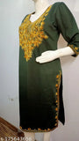 Olive green embroidered wool kameez with mustard border, long sleeves