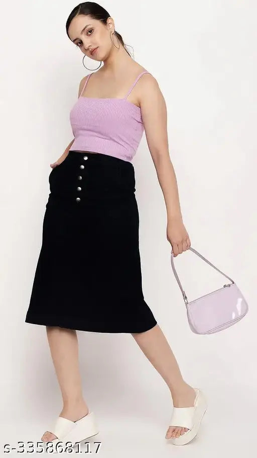 Black denim front pocket buttoned a-line skirt