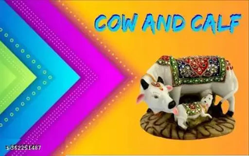Handcrafted marble Kamdhenu cow and calf figurine with stone studding - Spiritual Vastu decorative statue