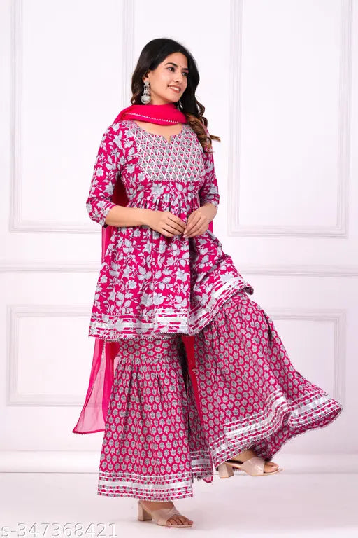 Rayon Rani kurta set with embroidered dupatta and bottomwear - Indian traditional outfit for women in various sizes