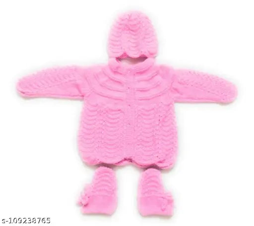 Handmade pink woolen knitted baby sweater set (3pcs suit) for 0-6 months, embroidered net pattern, soft and best quality wool from New Jain Traders