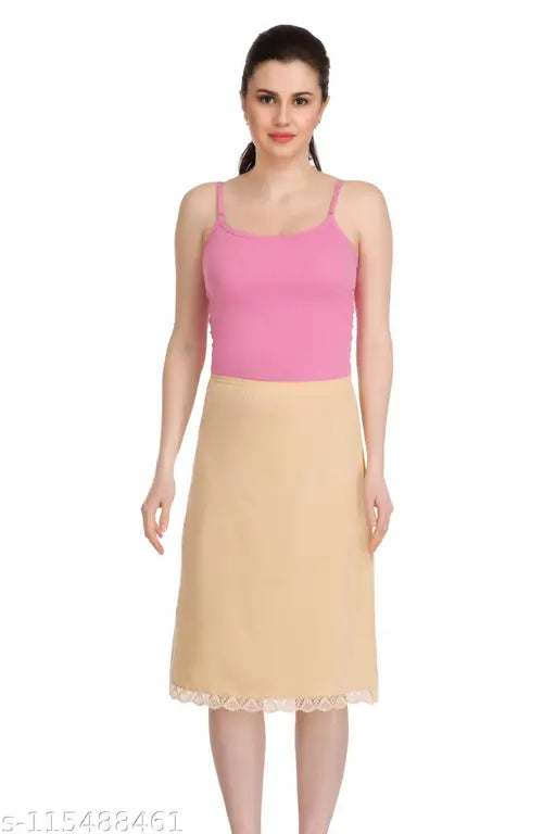 Cotton blend solid net skirt slip for women - pack of 3, elastic waist and lace bottom, knee-length underskirt from India