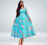 Flower printed long sleeve Georgette kurti-gown for women, three-quarter sleeves, digital print, S-6XL sizes available