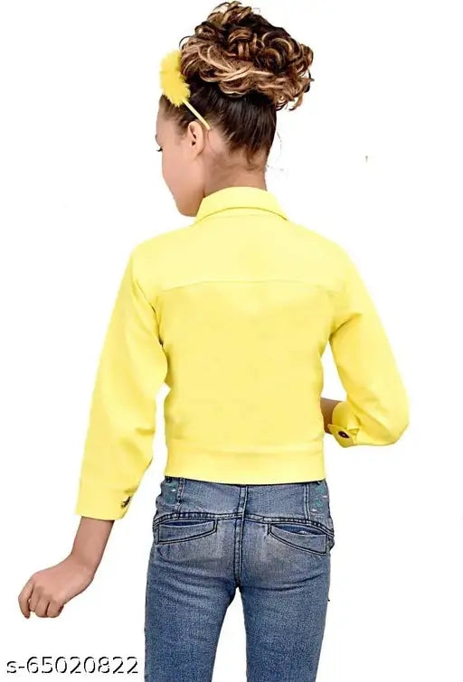 Denim yellow three-quarter sleeve girls jacket & coat, solid color for 4-5 years or 7-8 years, Indian-made kids clothing on hanger