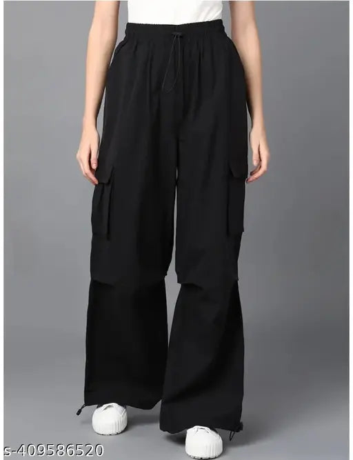 Black stretchy pants with cargo pockets and drawstring waist