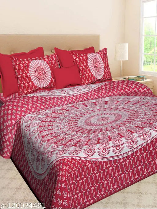 Double size Jaipuri cotton bedsheet with two matching pillow covers, featuring Rajasthani ethnic motifs. Ideal for adult use with a thread count of 180