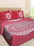 Double size Jaipuri cotton bedsheet with two matching pillow covers, featuring Rajasthani ethnic motifs. Ideal for adult use with a thread count of 180