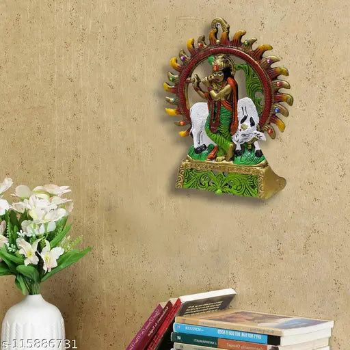 Golden finish metal Krishna idol, 16.5cm x 21.5cm x 3cm, colorful, Indian-origin wall hanging showpiece gift