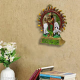 Golden finish metal Krishna idol, 16.5cm x 21.5cm x 3cm, colorful, Indian-origin wall hanging showpiece gift