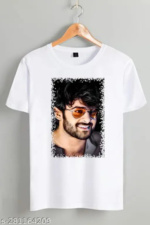 Black printed net short-sleeve t-shirt with Prabhas smile, polyester fabric, India origin
