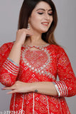 Red rayon printed straight kurti with 3/4 sleeves, calf length, round neck - adult clothing from India