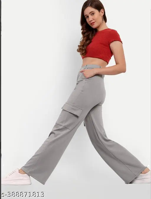 Khaki cargo pants with side pockets and elastic waistband