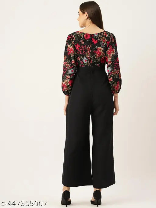 Floral printed polyester VNeck basic jumpsuit with waist tie-ups, black and red floral pattern, three-quarter sleeves