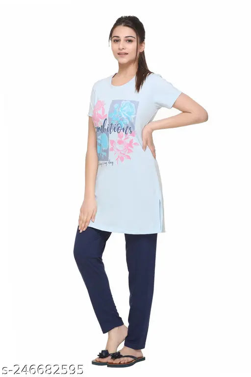 Cotton printed women's long-top & pyjama nightsuit set in regular fit, short sleeves design, India origin