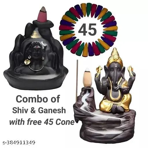 Adiyogi Shiva, Mahadev, yellow Ganesh smoke backflow combo with free 45 cones. Handcrafted Indian figurines and incense holders