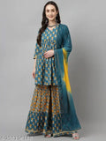 Fiorra women's peach cotton flared kurta, with sharara and dupatta