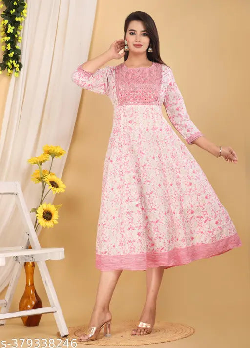 Pink chamki print anarkali with embroidery