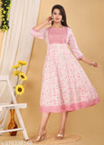 Pink chamki print anarkali with embroidery