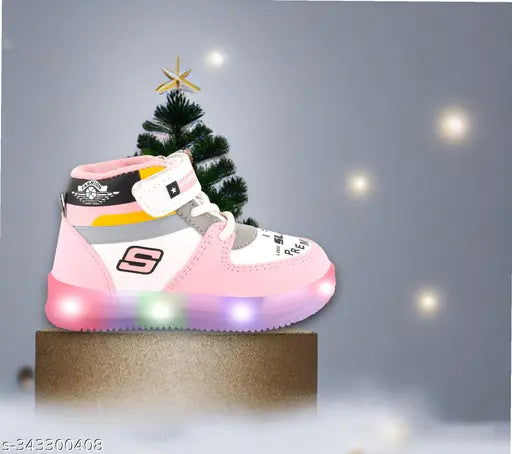 Pink and black glowing casual children's sneakers with Velcro closure