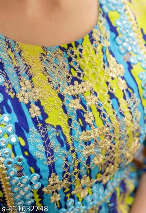 Multicolor floral embroidered Viscose rayon Anarkali Kurta for women, showcasing vibrant print and intricate tassels