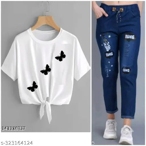 Cotton blend t-shirt & denim jogger jeans combo pack 2 - stylish women's printed cotton blend tee with short sleeves, India origin