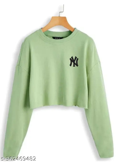 Long-sleeved women's cotton crop top with NY printed design, stylish and trendy