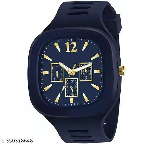 Blue square dial analog watch, black strap, water resistant