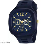 Blue square dial analog watch, black strap, water resistant