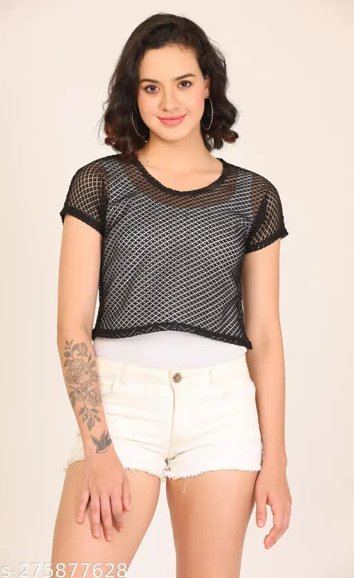 Trendy women's cotton net crop top, solid pattern, short sleeves, size S-XXL, India-made fashion shirt on display