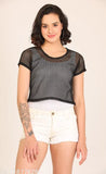 Trendy women's cotton net crop top, solid pattern, short sleeves, size S-XXL, India-made fashion shirt on display