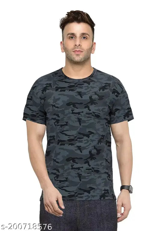 Grey polyester military camouflage T-shirt by Yilden, loose fit, short sleeves, made for casual & outdoor wear