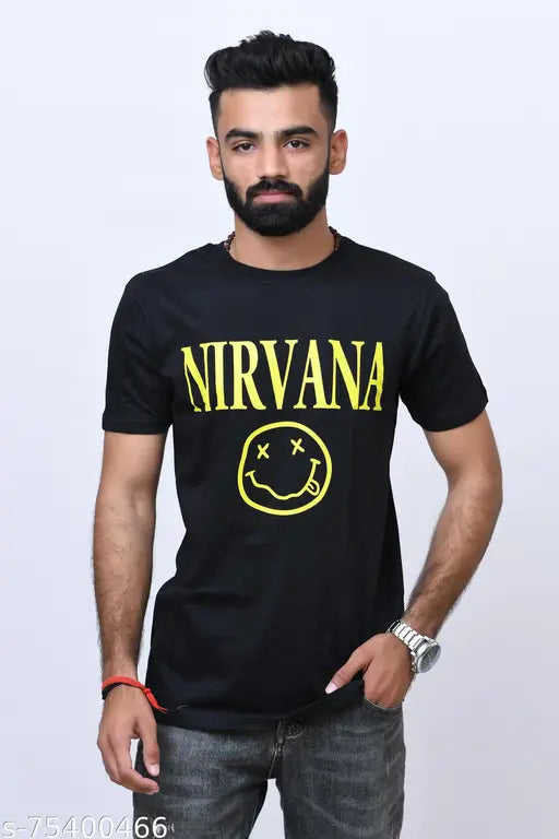 Cotton NIRVANA t-shirt, short sleeves, printed design. Made in India