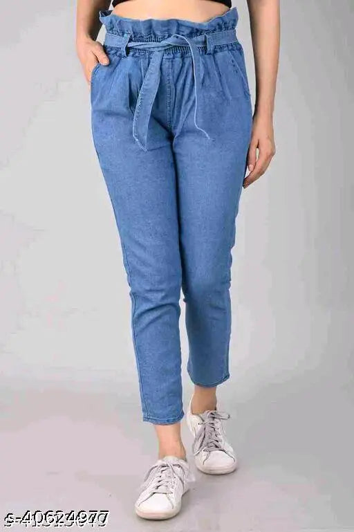 Blue denim high waist trousers, fashionable womens wear