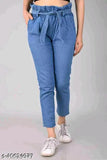 Blue denim high waist trousers, fashionable womens wear