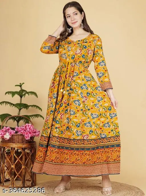 Women's printed viscose rayon Anarkali kurta with three-quarter sleeves, vibrant Indian design on display